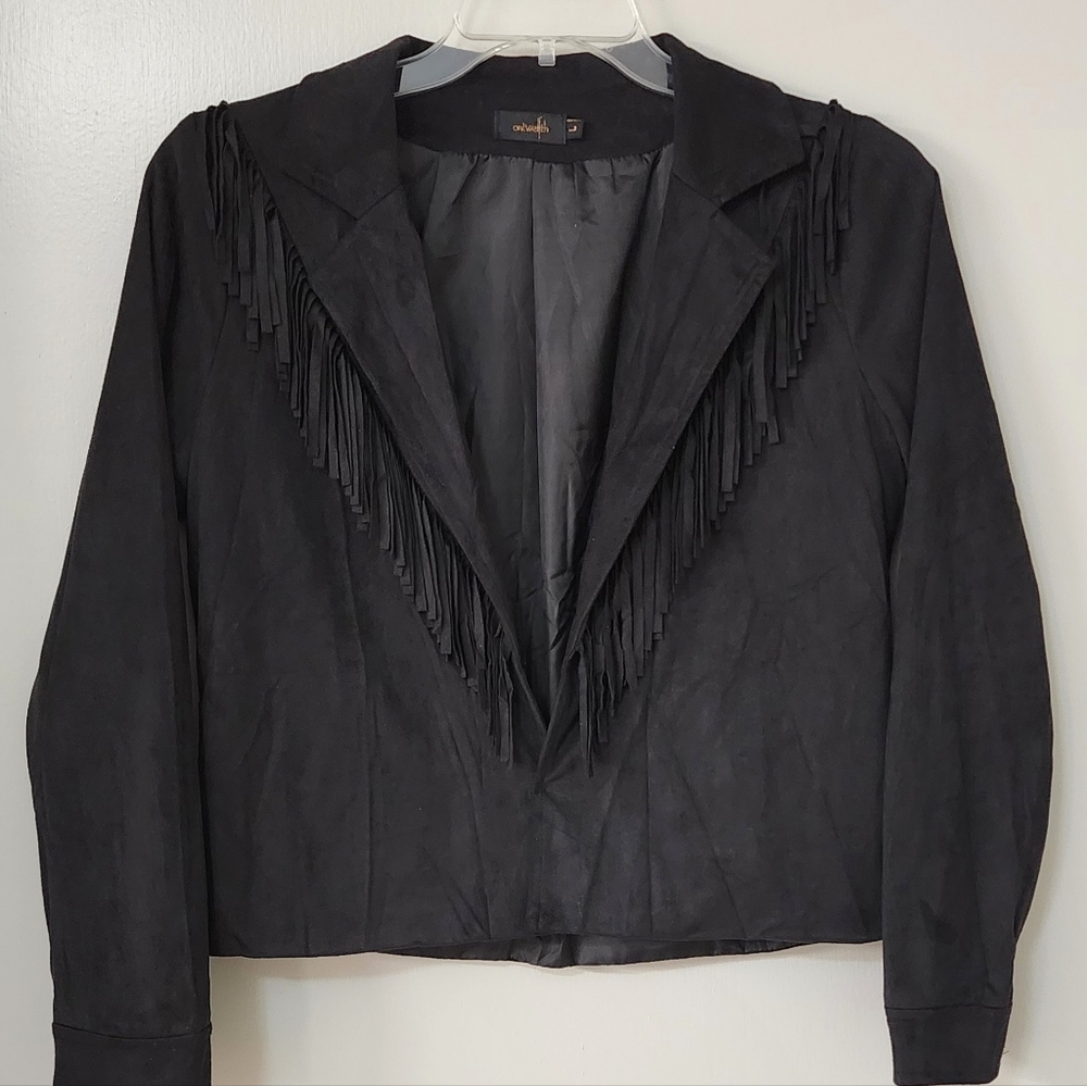 Womens Black Fringe Faux Suede Jacket Sz L.